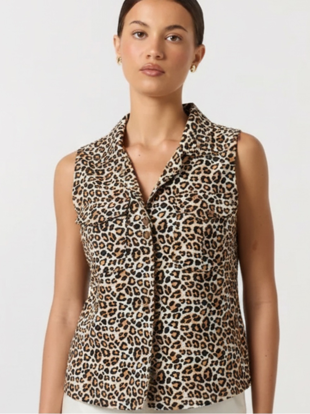 Cleo Leopard Print Button-Front Sleeveless Collared Top Size M